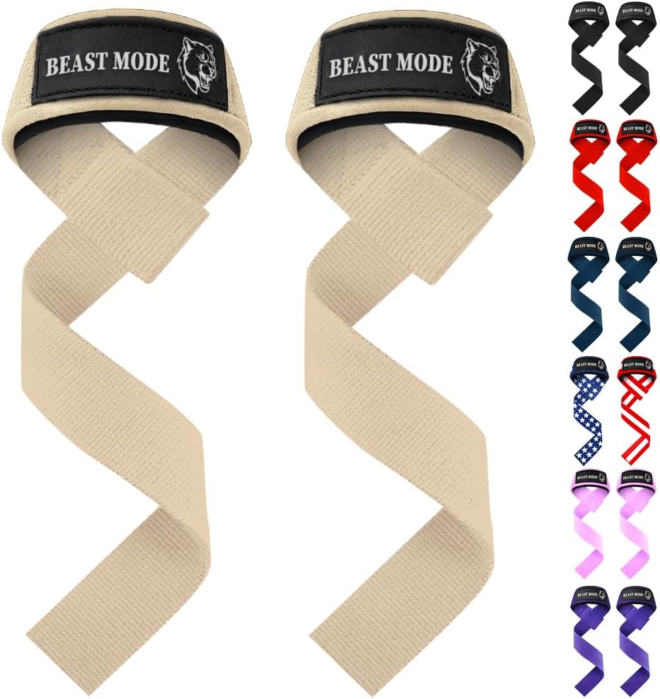Lifting Straps BEIGE/BLACK for Weightlifting Gym Strength Training - Wrist Straps with Neoprene Padded Cotton - Men & Women – Ideal for Powerlifting, Bodybuilding & Deadlifts