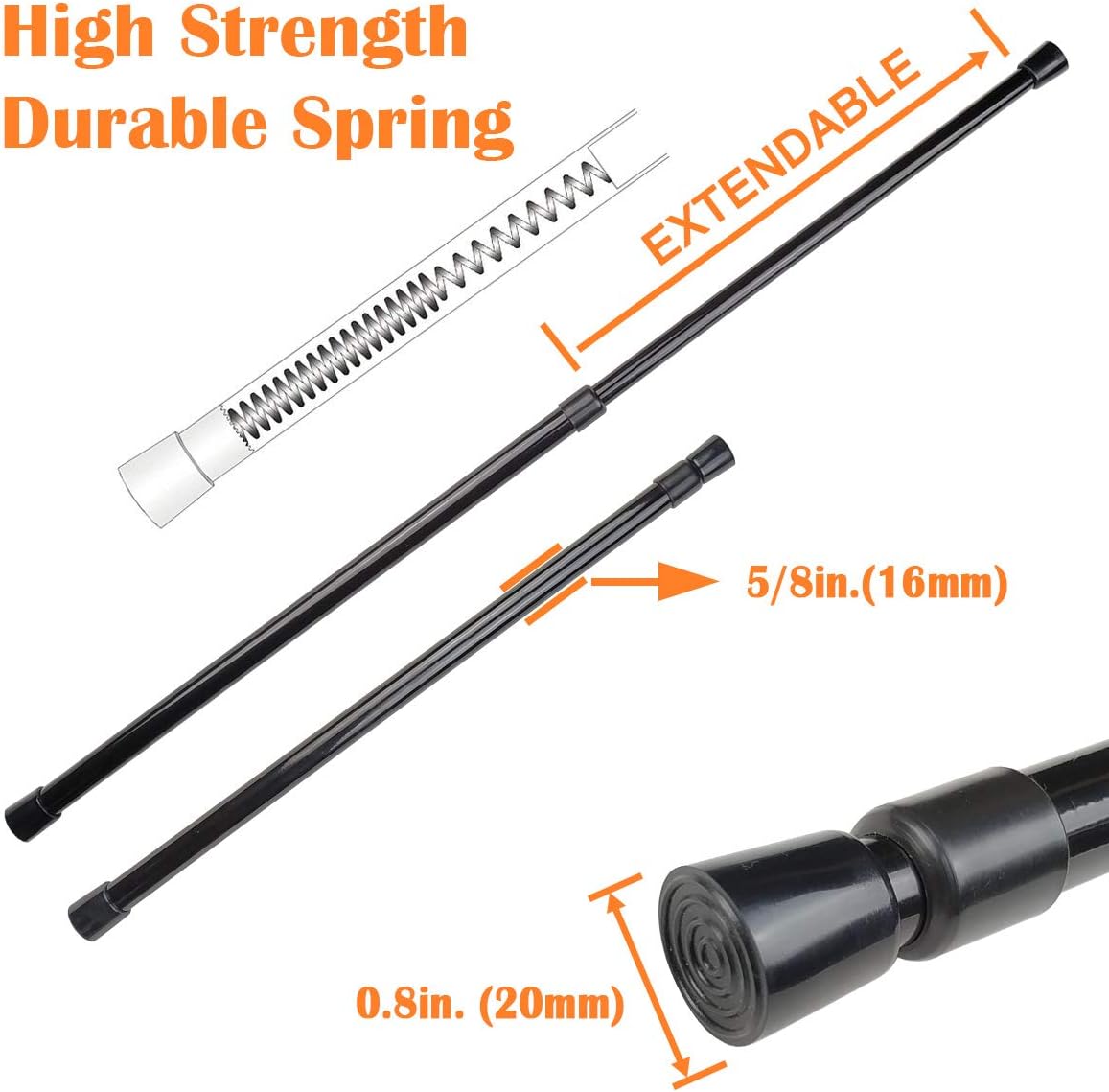 2 Pack Black 5/8" Spring Tension Curtain Rod, RV Tension Bars, Cupboard Rod 10-16"
