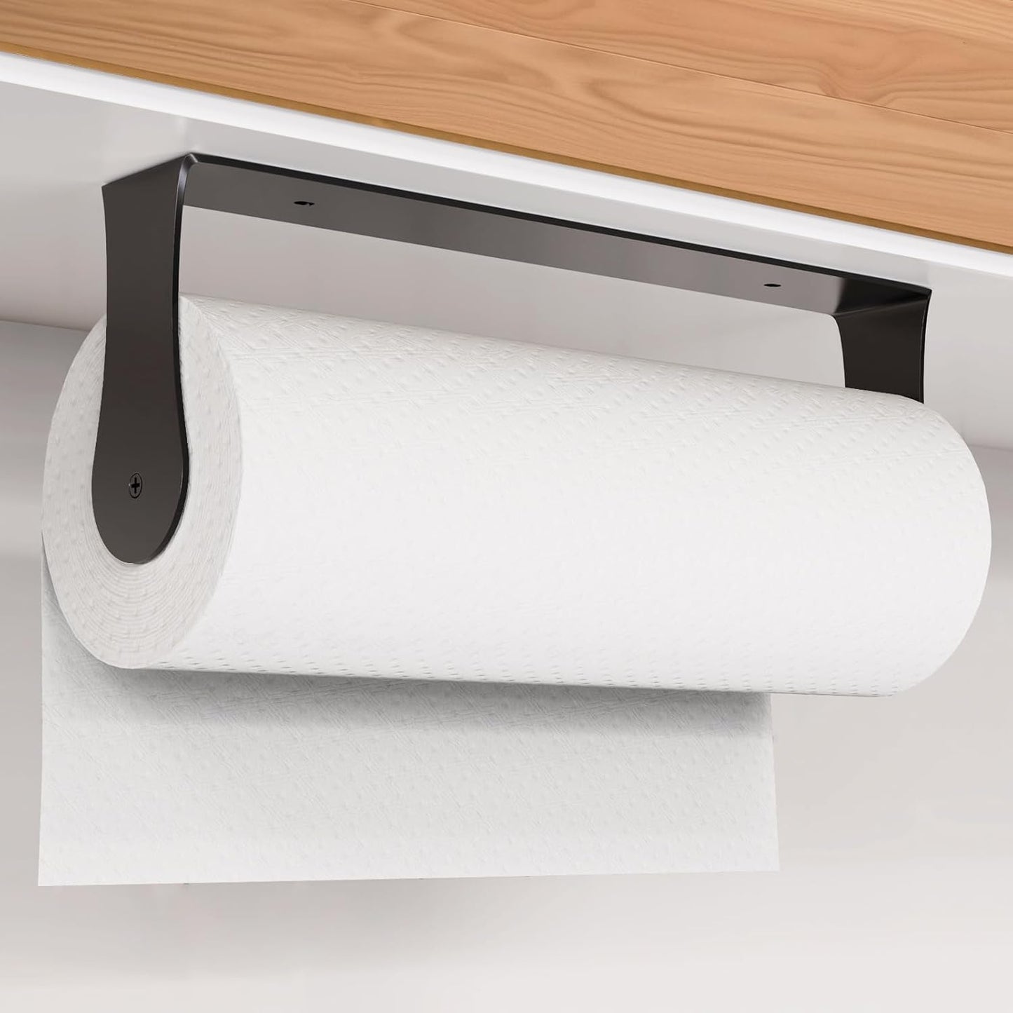 Under Cabinet Paper Towel Holder – Stainless Steel Wall Mount Rack for Kitchen & Bathroom, Self-Adhesive or Screw-In Installation, Sleek Modern Design (Black)