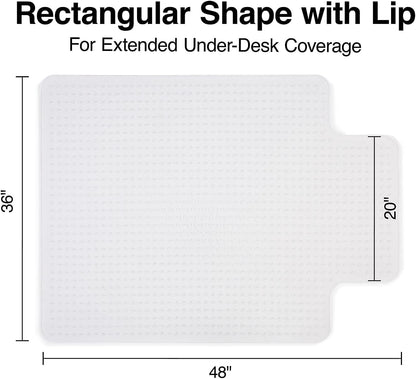 Office Chair Mat, 48 x 36 Inch, Clear Floor Mats with Lip, Low-Pile Carpets, Extended Under-Desk Coverage, Smooth Glide