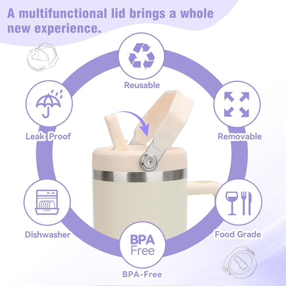 40 oz Flip Straw Leak Proof Lid with Handle for 40 oz. Stanley Quencher H2.0 & Pro Tour, Replacement Lid, Spill-proof, & Reusable (beige)