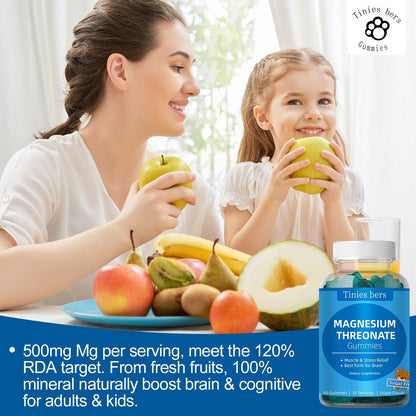 Magnesium Threonate Gummies 500mg, Sugar Free L-Threonate Gummies for Adults Kids, Best Mganesium Gummies for Brain, Non-GMO, Gulten Free, Vegan, Pectin, 60