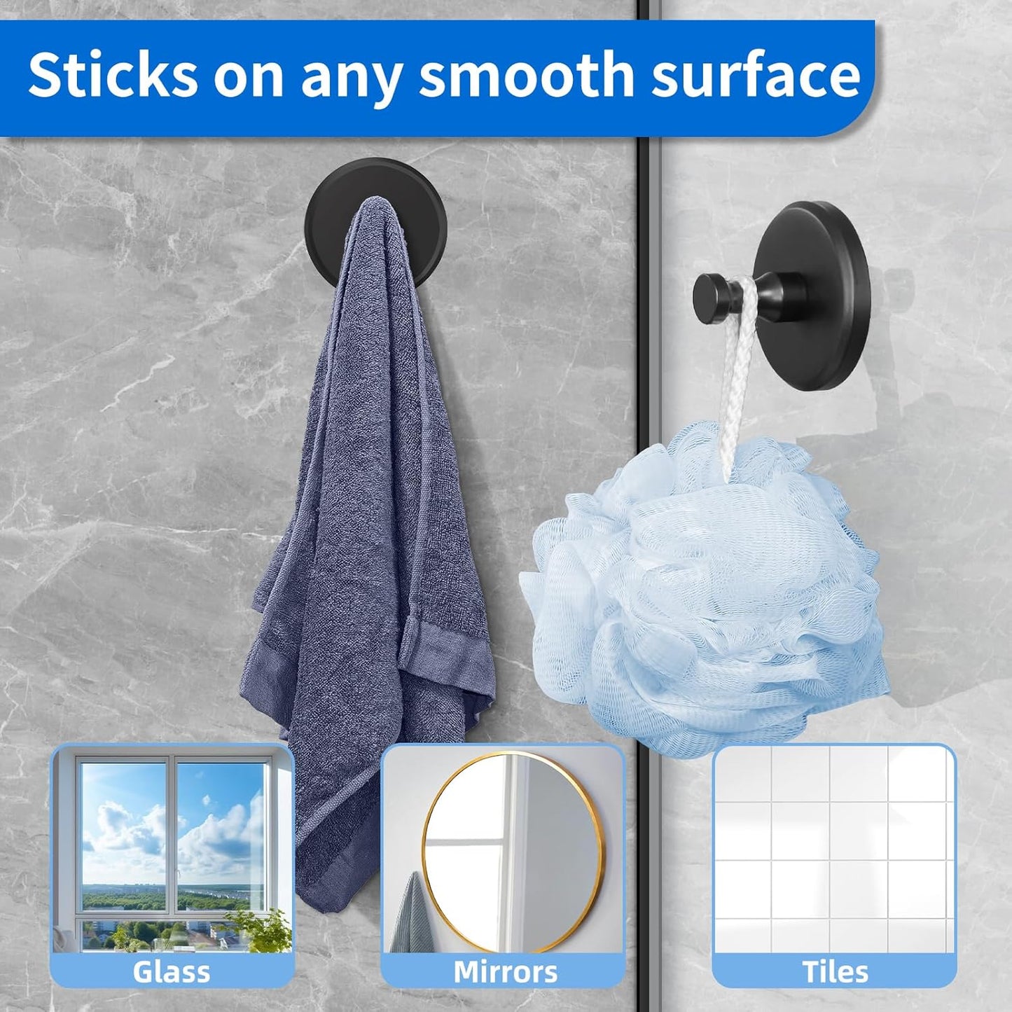 2 Pack Suction Cup Hooks for Shower, Towel Hooks for Bathrooms, Suction Hooks for Windows, Glass, Mirror, Tile, No Drill Shower Hooks for Hanging Loofah, Robe, Matte Black,