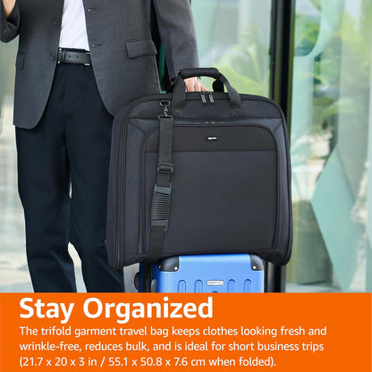 Amazon Basics 43" Premium Garment Bag for Travel, Suit Bag with Shoulder Strap for Suits and Dresses, 1680D Polyester Fabric, Exterior/Interior Pockets, Leather-reinforced Corners, Trifold, Black