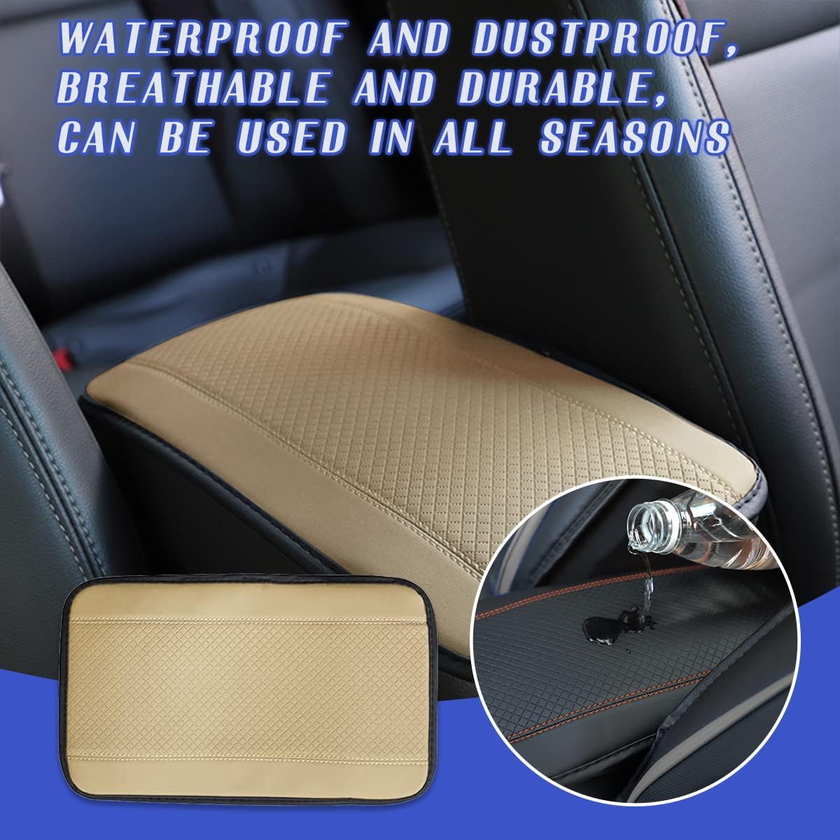 Beige PU Leather Car Center Console Cushion - Waterproof & Non-Slip Armrest Protector