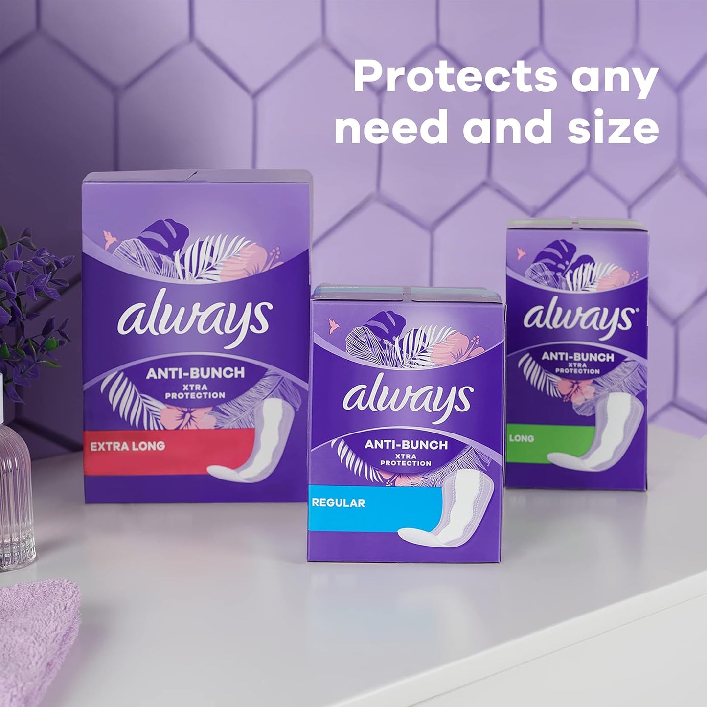 Always Daily Extra Protect Liners, Long Length, Unscented Panty Liners, 2 Packs of 54, 108 Count