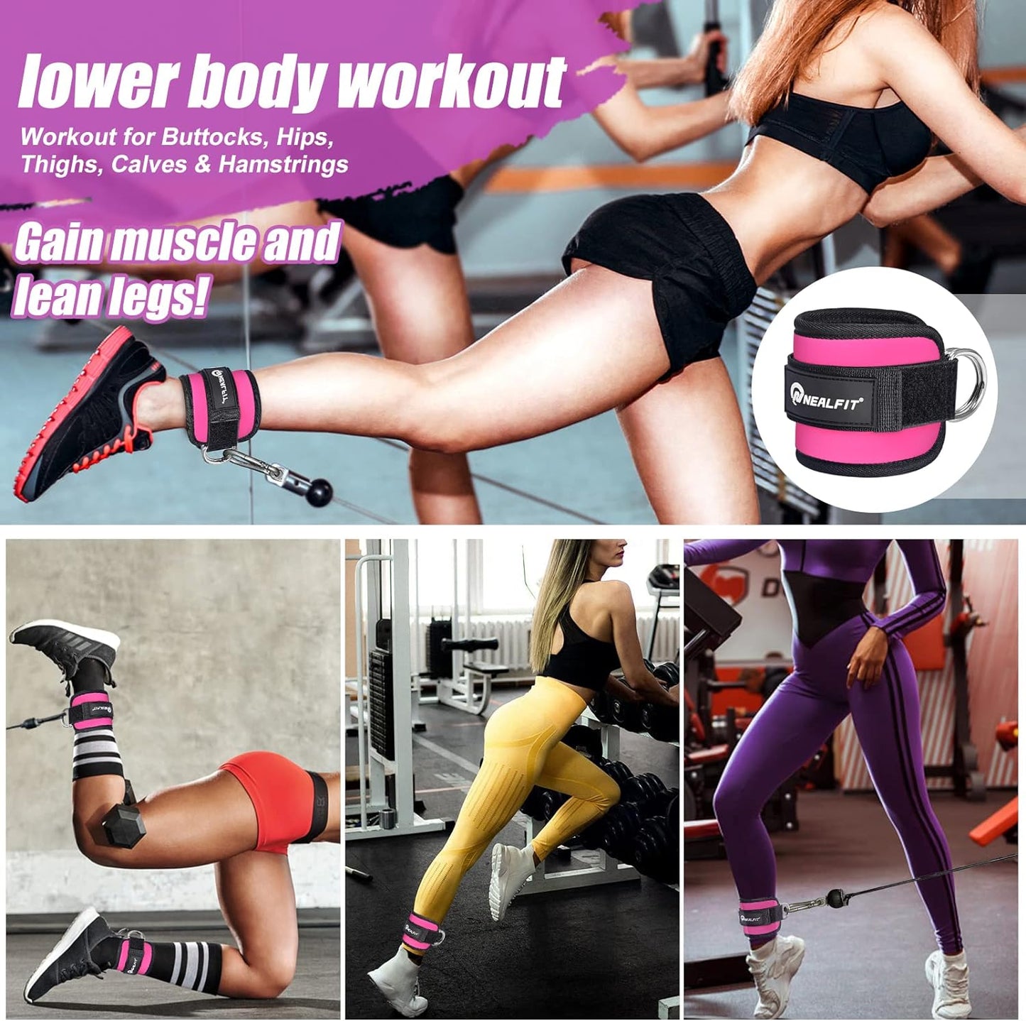 Ankle Strap for Cable Machine, Gym Ankle Cuff for Kickbacks, Leg Extensions, Glute Workouts, Booty Hip Abductors Exercise for Women and Men (PINK)
