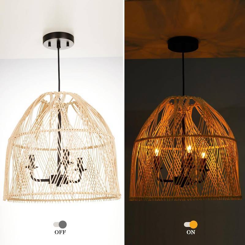 Farmhouse Rattan Pendant Light Fixture, 16 Inch Large Boho Handwoven Hanging Ceiling Mount Lamp Shade, 3-Light Rustic Wicker Chandelier for Kitchen Dining Living Room Bedroom Hallway Foyer