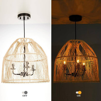 Farmhouse Rattan Pendant Light Fixture, 16 Inch Large Boho Handwoven Hanging Ceiling Mount Lamp Shade, 3-Light Rustic Wicker Chandelier for Kitchen Dining Living Room Bedroom Hallway Foyer