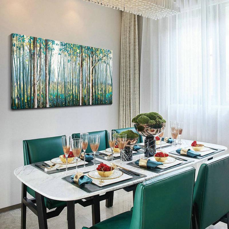 Large 60x30" Hand-Painted Birch Tree & Green Leaf Oil Painting on Canvas — Modern Landscape Wall Art for the Living Room, Bedroom, or Office.