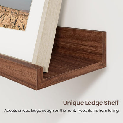 Set of 3 Walnut Picture Ledge Shelves (36 Inch) - U-Shaped Floating Wall Mount for Photos, Vinyl Records & Decor - Modern Display Ledge