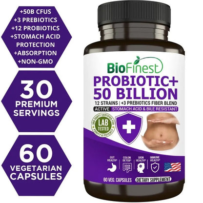 Biofinest Probiotic 50 Billion CFU Enzyme Supplement - 12 Probiotics Strains with 3 Prebiotics (60 veg. caps)