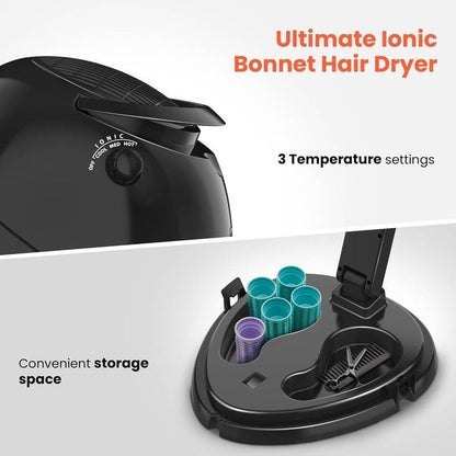Ionic Hooded Dryer - 1875W Bonnet Hair Dryer, 3 Heating Settings, Sit Under Hair Dryer for Home and Salon, Portable Hair Dryer with Hood, Height Adjustable Hooded Hair Dryer-Black