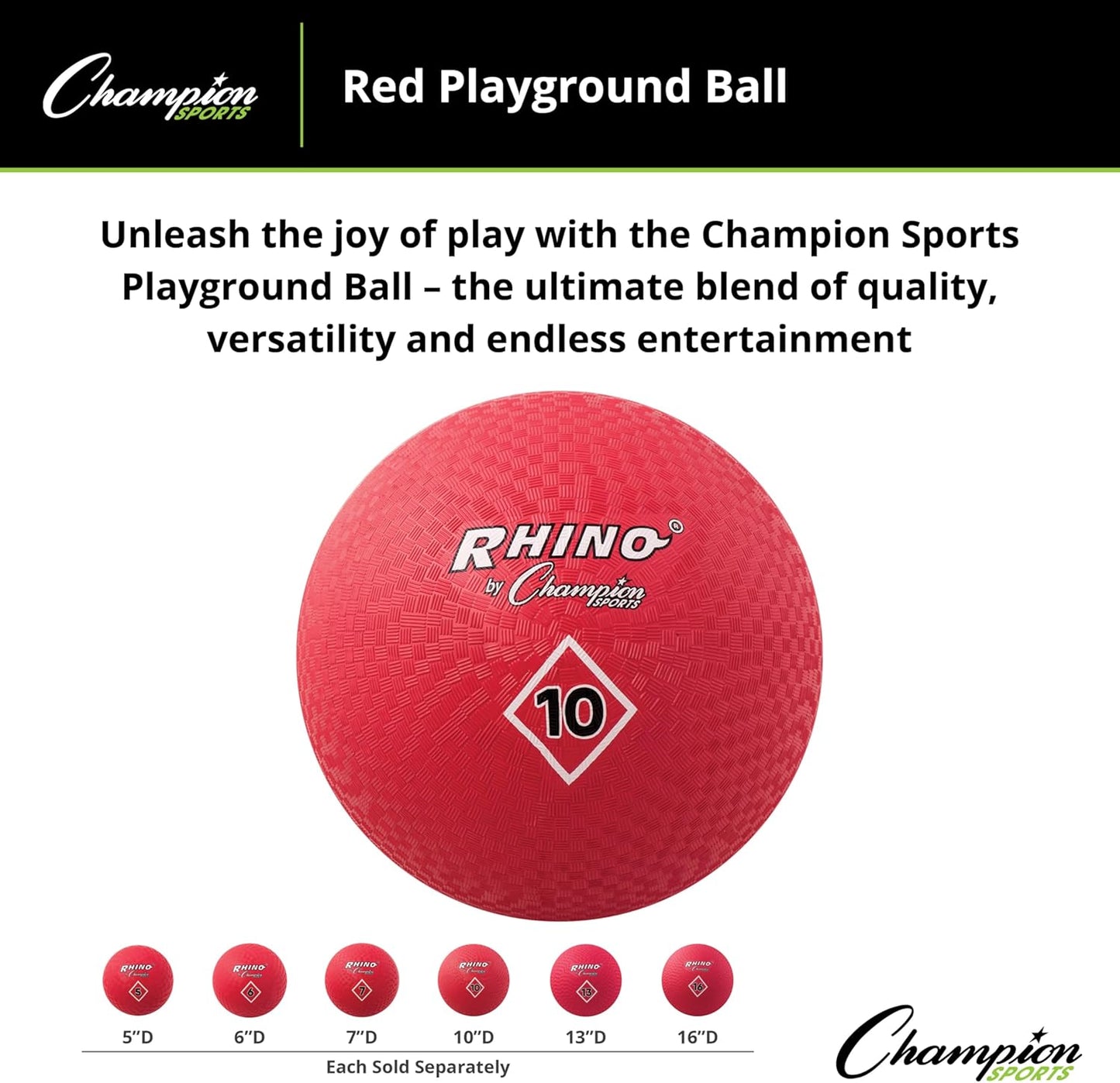 Champion Sports Playground Ball – High-Bounce 2-Ply Construction, Durable Red Ball for Throwing, Catching & Kicking (Size: 10")