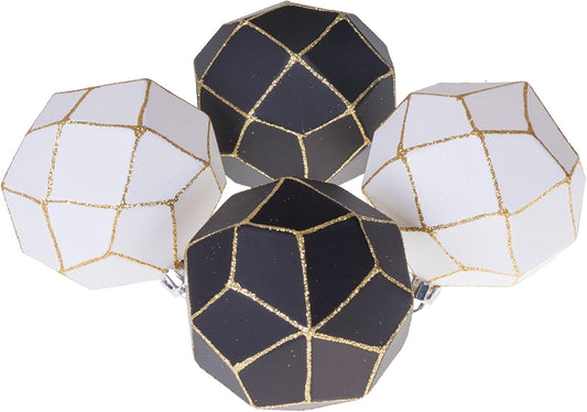 4 Pack Black, White, and Gold Christmas Rhombus Ornament Set, Shatterproof Holiday Décor for Christmas Trees