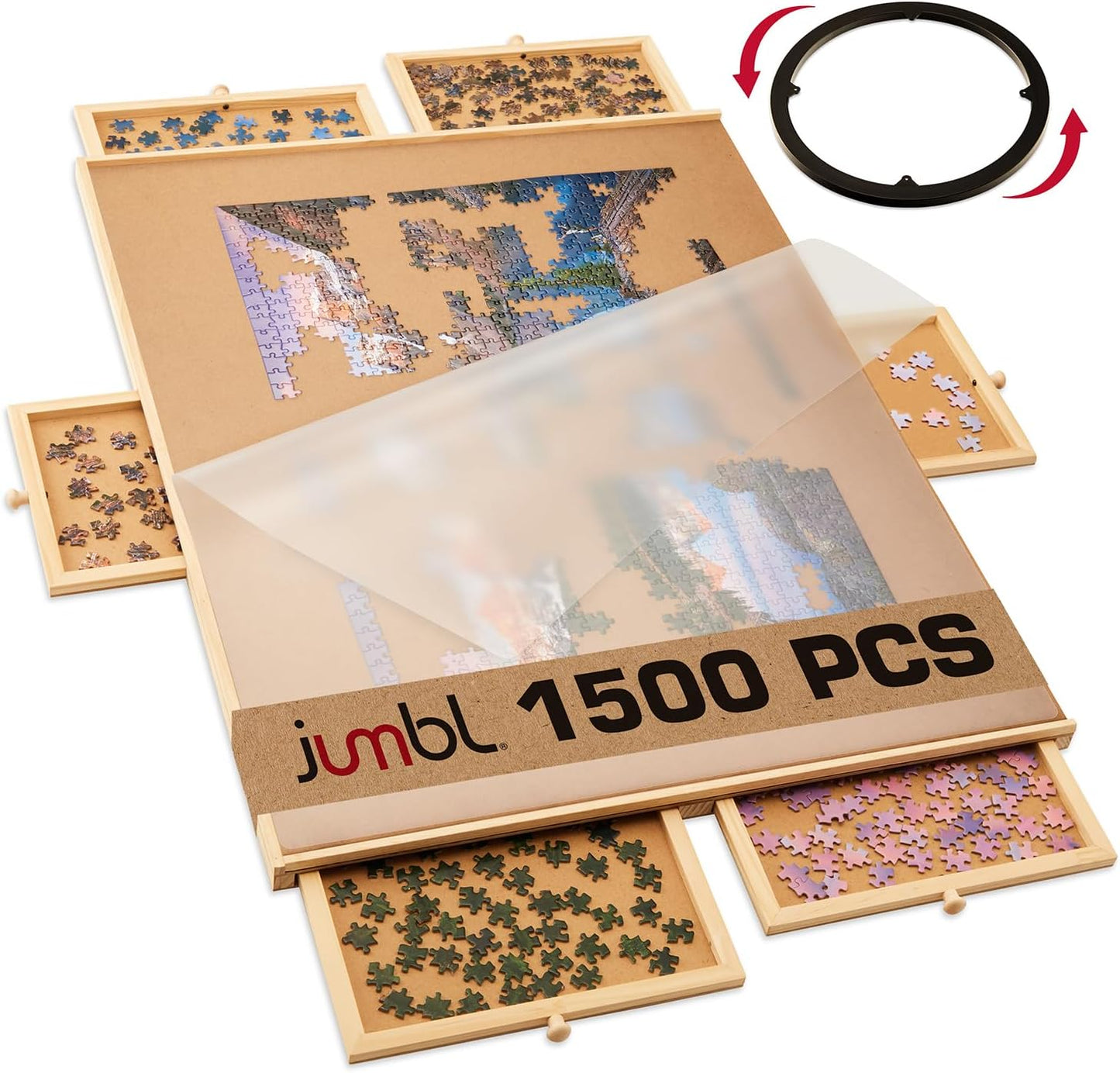 1500-Piece Puzzle Board/Table with Drawers, Lazy Susan Spinner & Cover | Rotating Wooden Jigsaw Puzzle Table for Adults & Kids | Built to Last