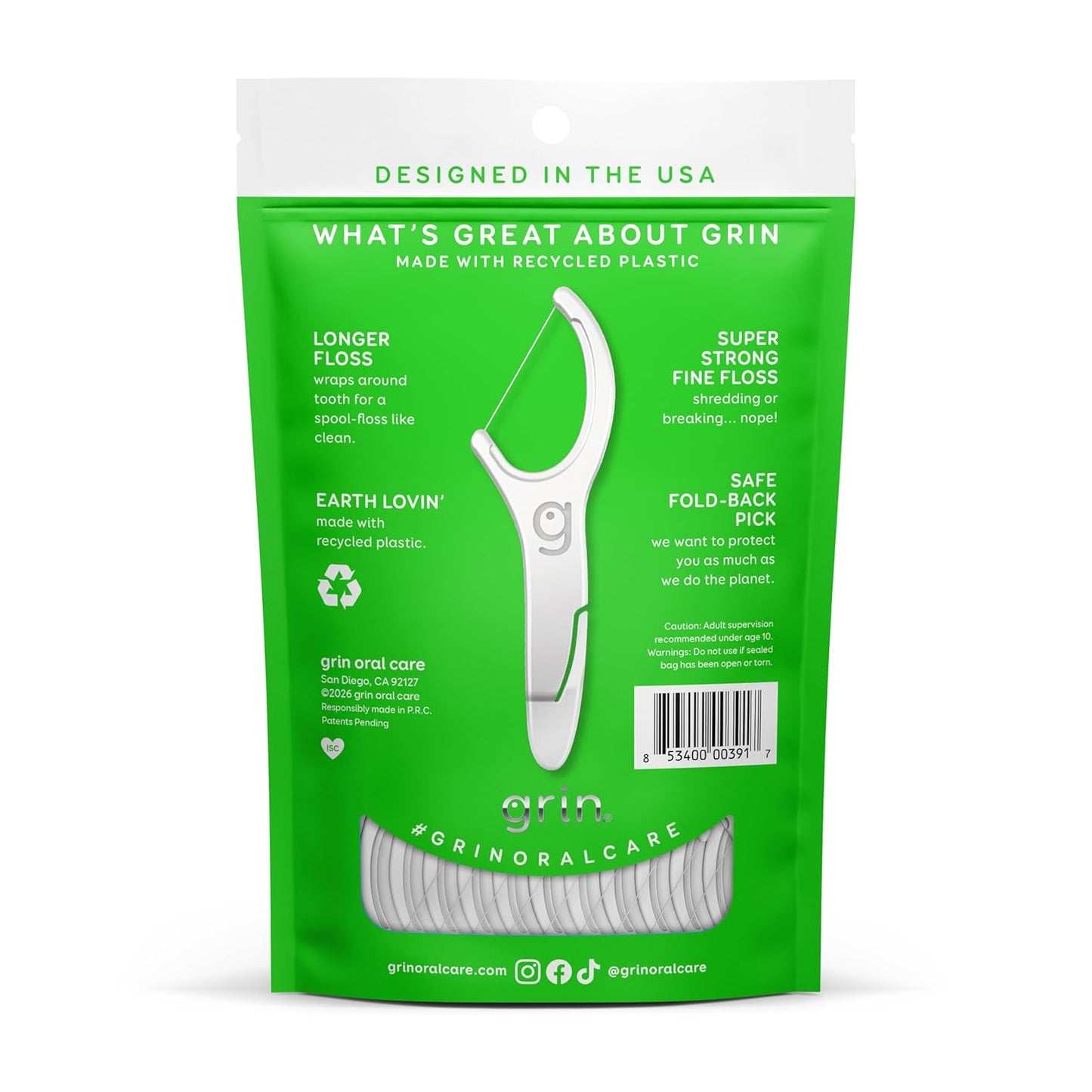 GRIN Clean Flosspyx, Floss Picks, 75 Count, Dental Flossers, Minty Flavor, Recycled Plastic, Super Strong Fine Floss, Tight Teeth, Premium Longer Floss Head, Includes Safe Fold-Back Tooth Pick