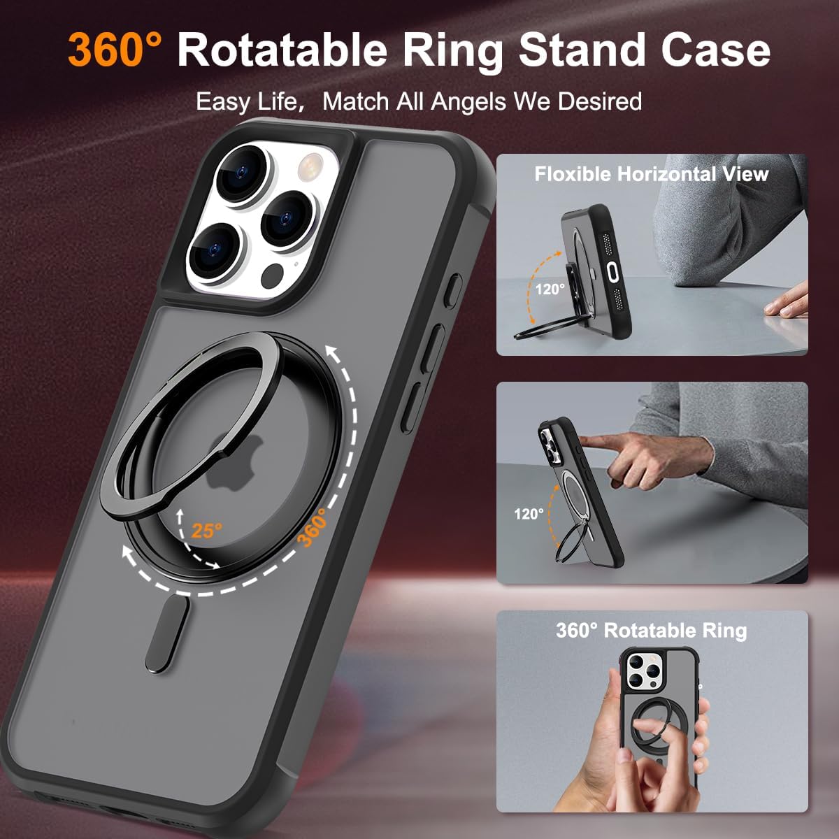 iPhone 16 Pro Case BLACK with 360° Rotatable Magnetic Ring Stand [Compatible Mag-Safe] [Military Grade Protection] Translucent Matte Phone Cases