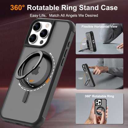 iPhone 16 Pro Case BLACK with 360° Rotatable Magnetic Ring Stand [Compatible Mag-Safe] [Military Grade Protection] Translucent Matte Phone Cases