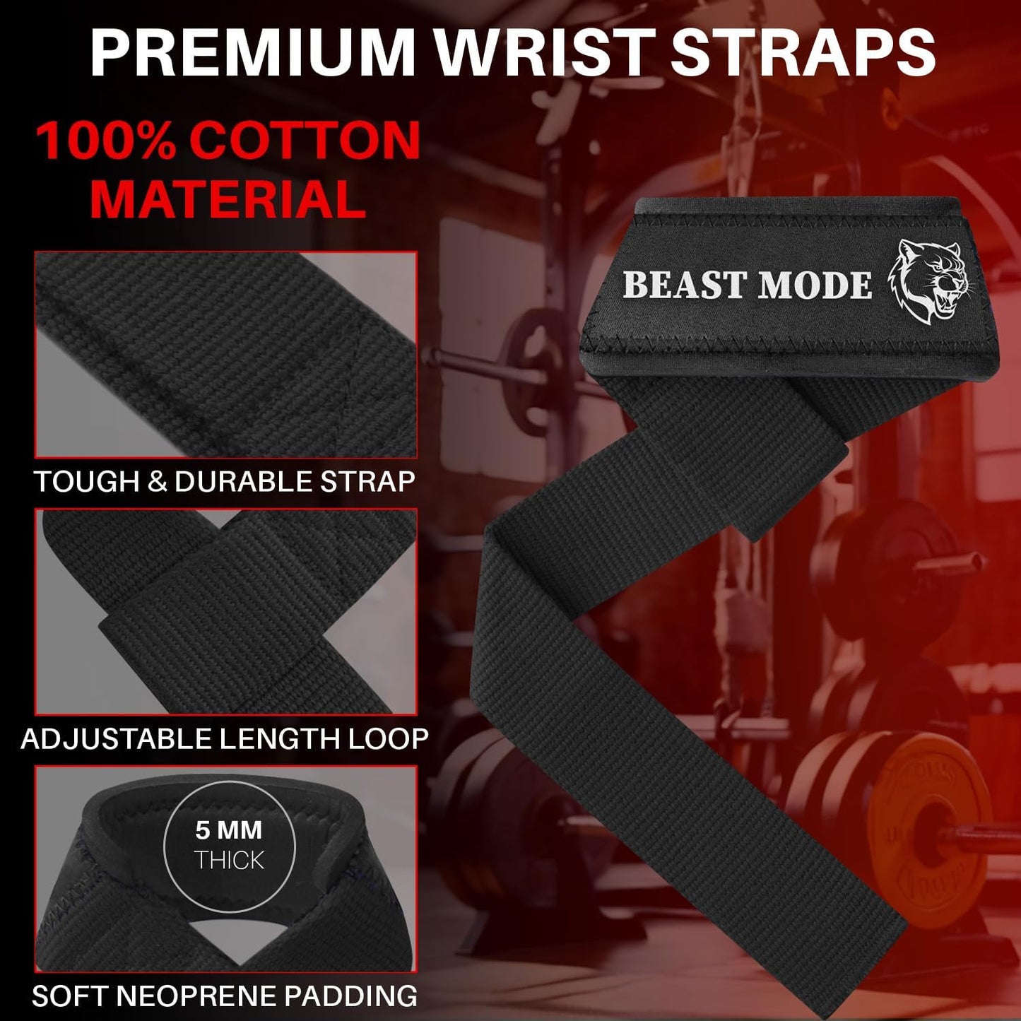 Lifting Straps BEIGE/BLACK for Weightlifting Gym Strength Training - Wrist Straps with Neoprene Padded Cotton - Men & Women – Ideal for Powerlifting, Bodybuilding & Deadlifts