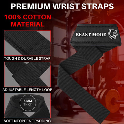 Lifting Straps BEIGE/BLACK for Weightlifting Gym Strength Training - Wrist Straps with Neoprene Padded Cotton - Men & Women – Ideal for Powerlifting, Bodybuilding & Deadlifts