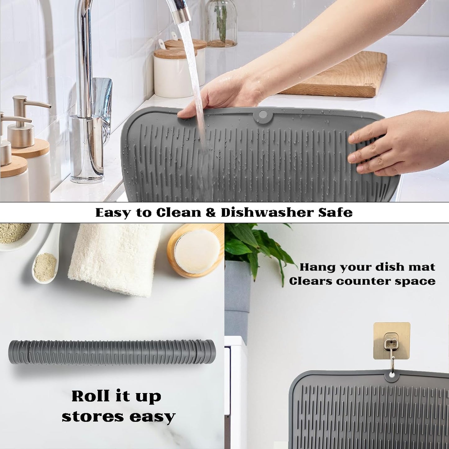 Silicone Dish Drying Mat GREY- 16" x 18" - for Kitchen Counter, Eco-Friendly Fast Dry Dish Mat, Easy Clean Multi Usage Drying Matt, Heat Resistant Trivet