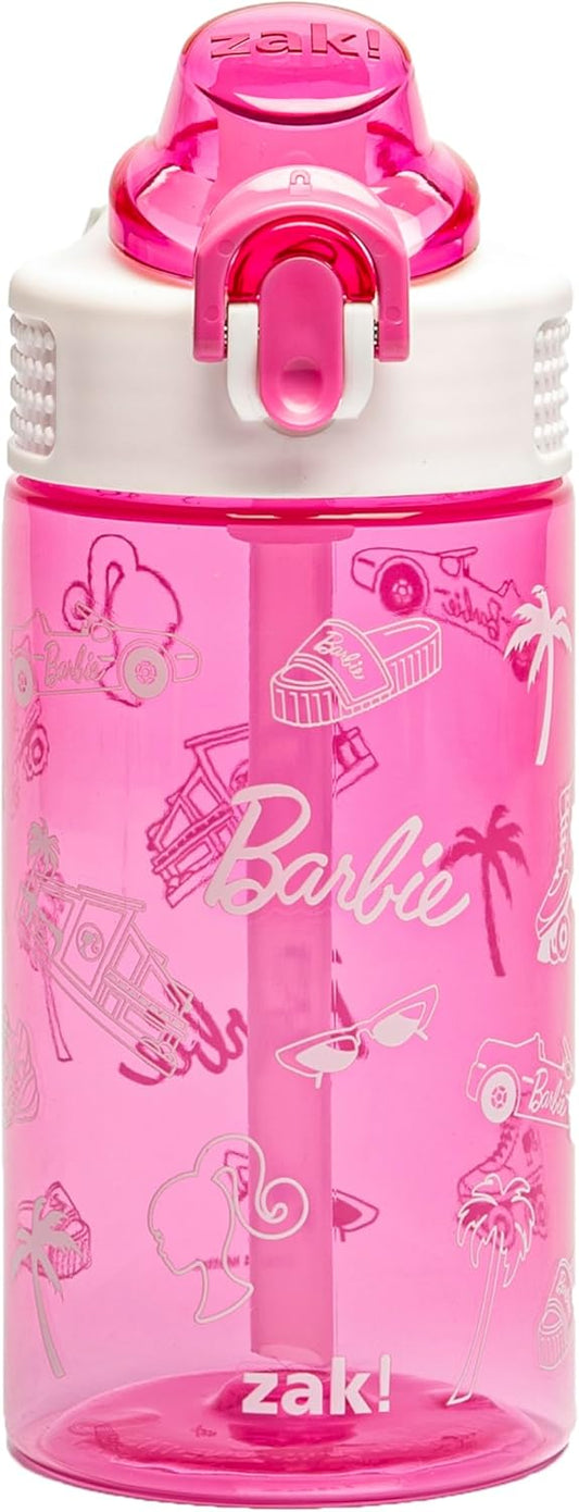 Barbie Water Bottle for Travel/School/Home, 16 oz, Durable Plastic Water Bottle With Straw, Handle, and Leak-Proof, Pop-Up Spout Cover