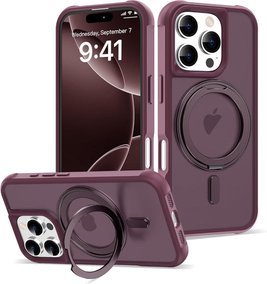 iPhone 16 Pro Case WINE RED with 360° Rotatable Magnetic Ring Stand [Compatible Mag-Safe] [Military Grade Protection] Translucent Matte Phone Cases