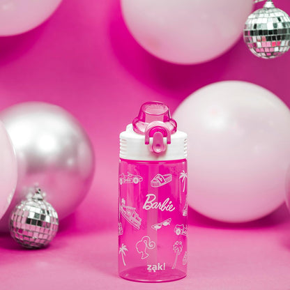 Barbie Water Bottle for Travel/School/Home, 16 oz, Durable Plastic Water Bottle With Straw, Handle, and Leak-Proof, Pop-Up Spout Cover