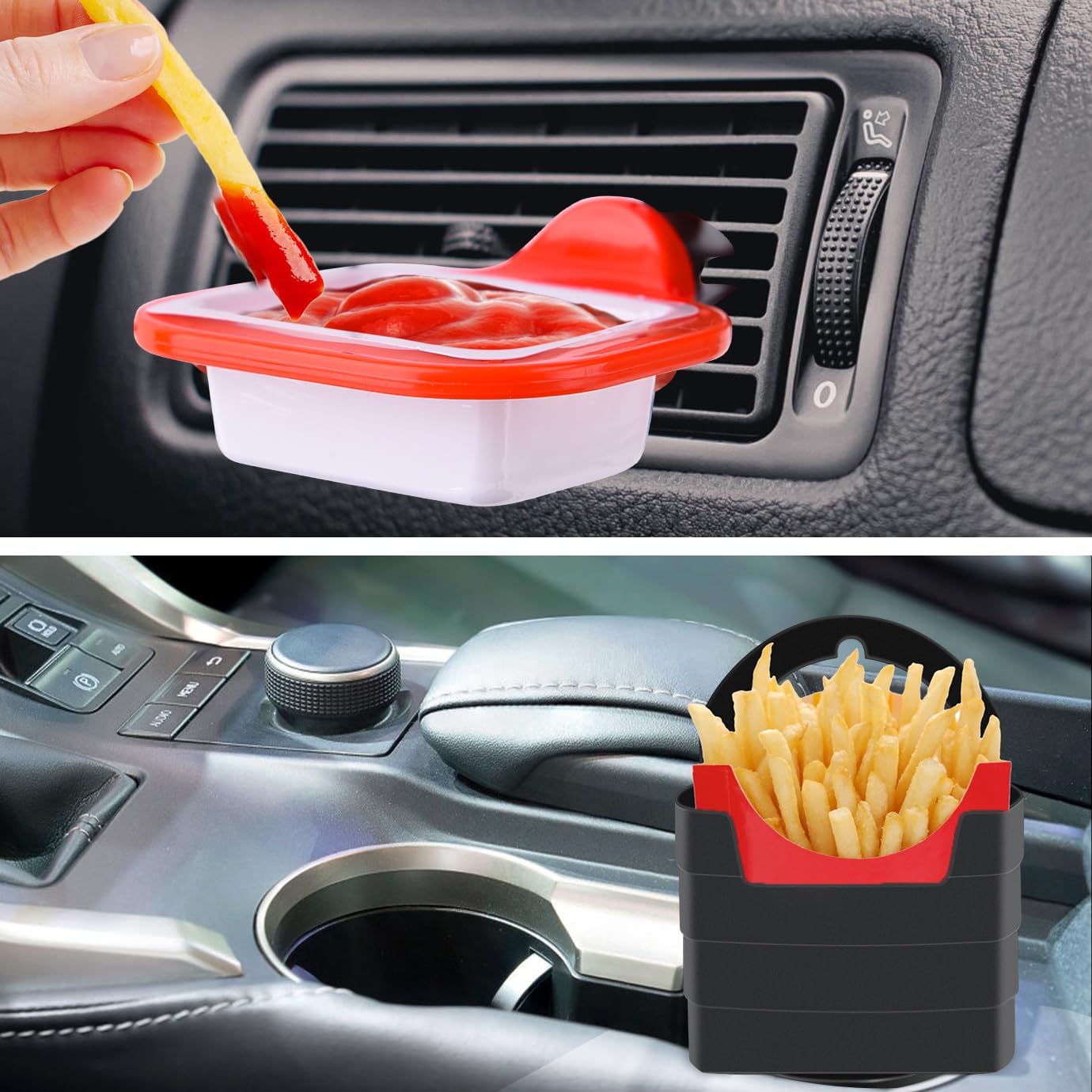 Fry Holder Cup Holder Insert for Car, and Dip Vent Clip for Sauce