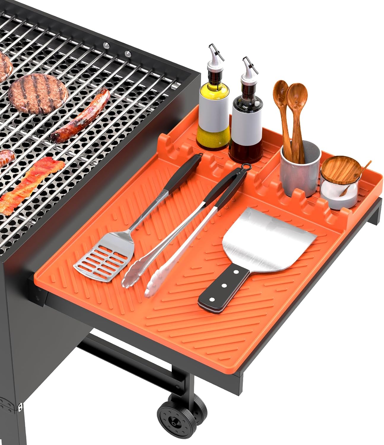 Silicone Grill Mat 16"x11.5", BBQ Griddle Tools Mat with Drip Pad, Spatula Mat for Outdoor Kitchen Counter, Gifts for Men (Orange)