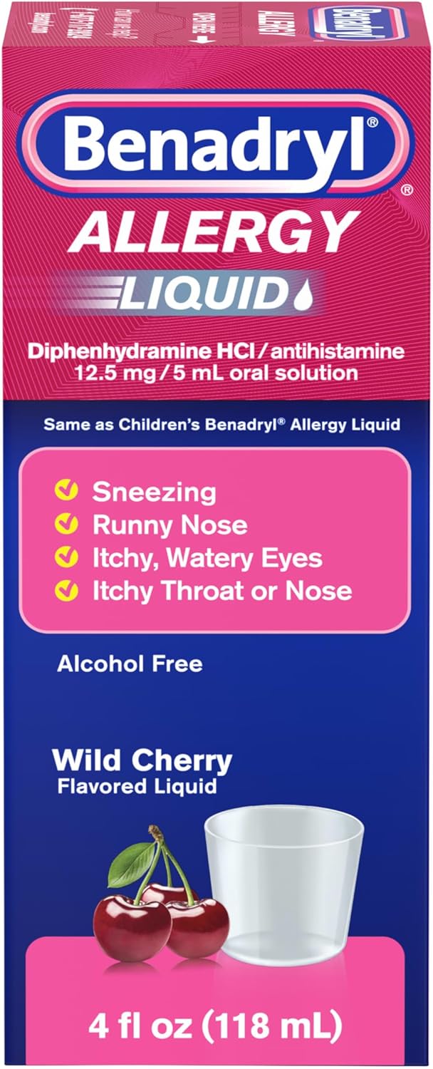 Benadryl Allergy Medicine, Liquid Diphenhydramine HCl Antihistamines for Adults, Alcohol-Free, Hay Fever Allergy Relief for Sneezing, Runny Nose, Itchy & Watery Eyes, Wild Cherry 4 fl oz