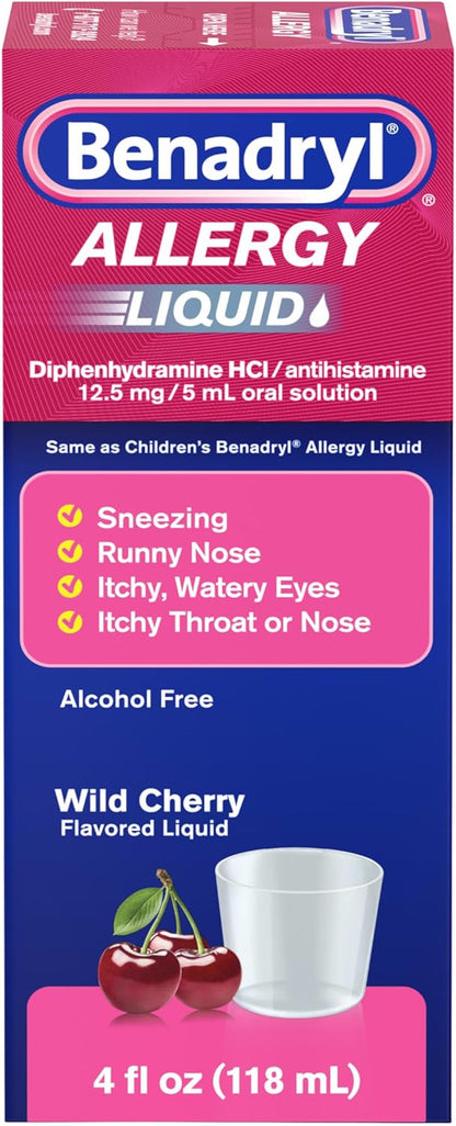 Benadryl Allergy Medicine, Liquid Diphenhydramine HCl Antihistamines for Adults, Alcohol-Free, Hay Fever Allergy Relief for Sneezing, Runny Nose, Itchy & Watery Eyes, Wild Cherry 4 fl oz