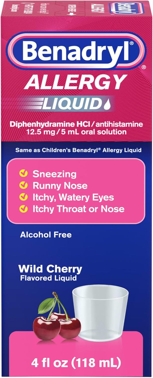 Benadryl Allergy Medicine, Liquid Diphenhydramine HCl Antihistamines for Adults, Alcohol-Free, Hay Fever Allergy Relief for Sneezing, Runny Nose, Itchy & Watery Eyes, Wild Cherry 4 fl oz