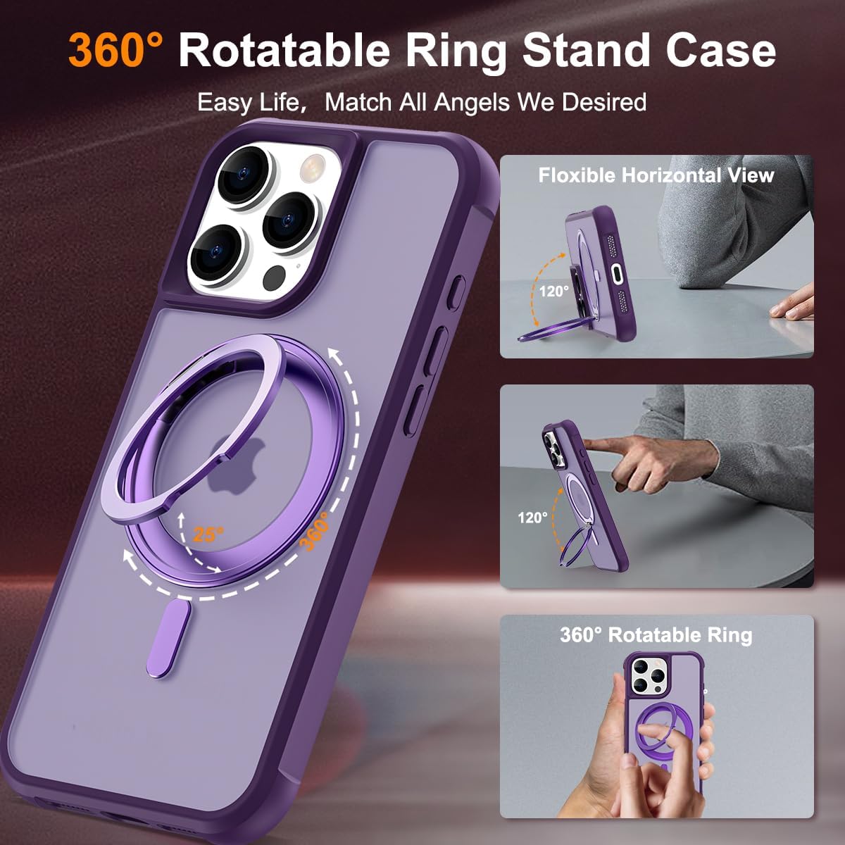 iPhone 16 Pro Case PURPLE with 360° Rotatable Magnetic Ring Stand [Compatible Mag-Safe] [Military Grade Protection] Translucent Matte Phone Cases