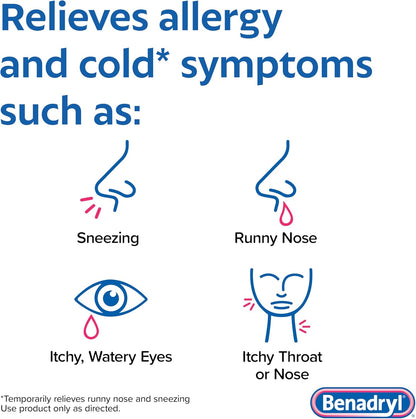 Benadryl Allergy Medicine, Liquid Diphenhydramine HCl Antihistamines for Adults, Alcohol-Free, Hay Fever Allergy Relief for Sneezing, Runny Nose, Itchy & Watery Eyes, Wild Cherry 4 fl oz