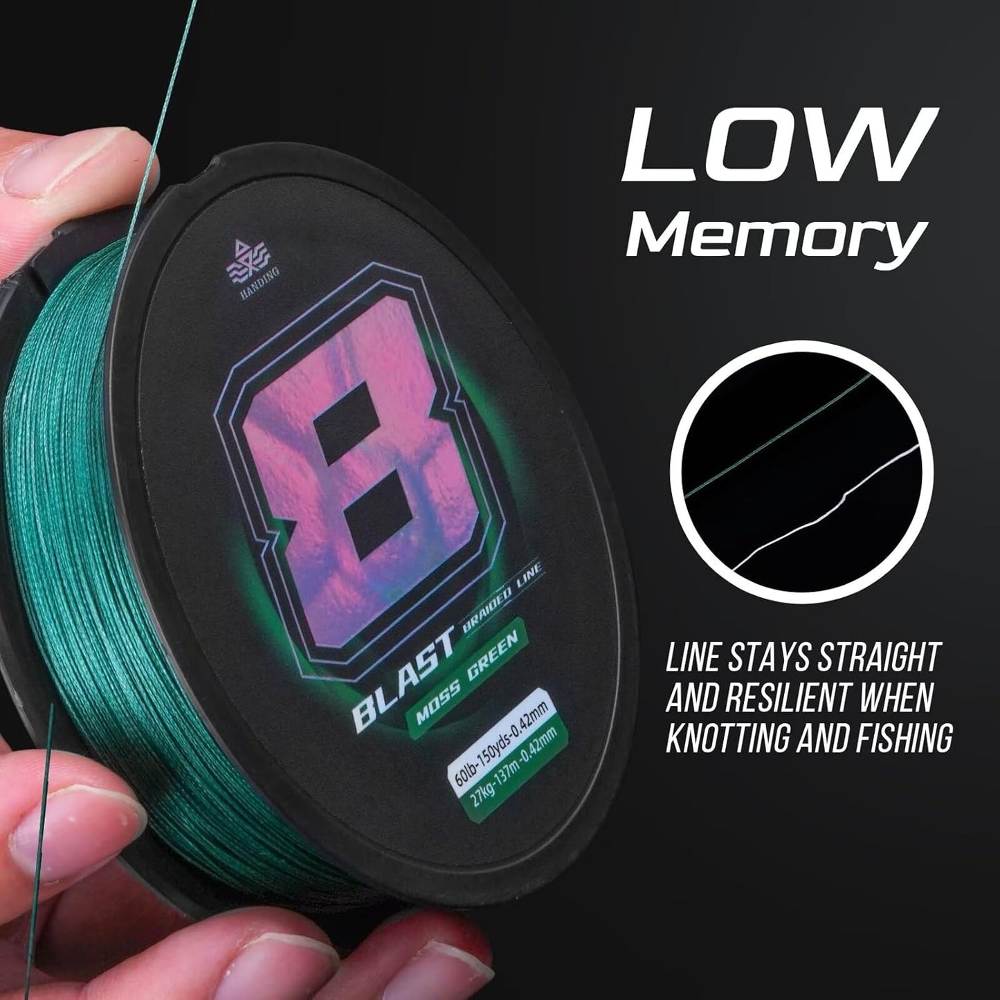 8lbs-300yds Blast Braided Fishing Line, Ultra-Thin Diameter, HyperOSi Coating - Water and Abrasion Resistant, No Stretch, Low-Vis Moss Green Color