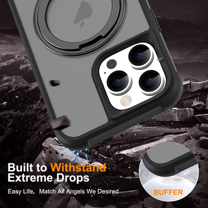 iPhone 16 Pro Case BLACK with 360° Rotatable Magnetic Ring Stand [Compatible Mag-Safe] [Military Grade Protection] Translucent Matte Phone Cases