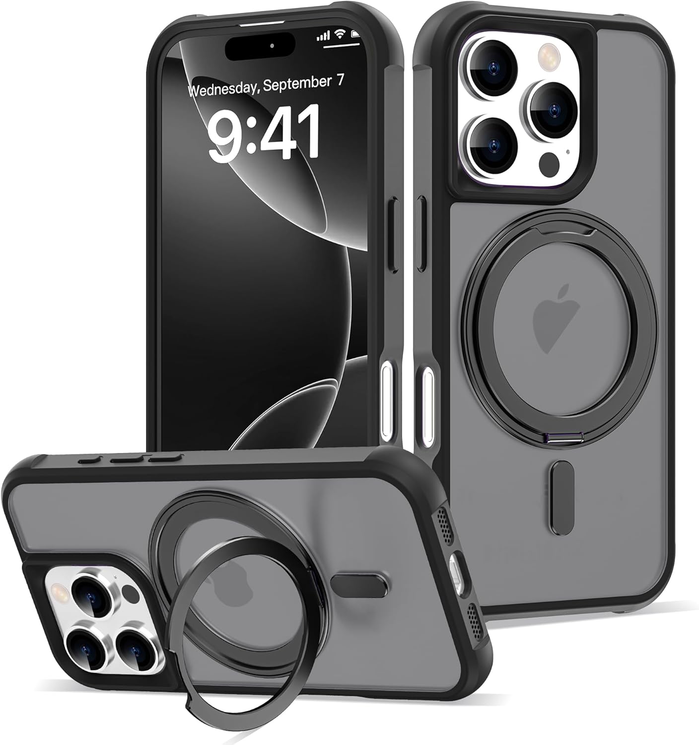 iPhone 16 Pro Case BLACK with 360° Rotatable Magnetic Ring Stand [Compatible Mag-Safe] [Military Grade Protection] Translucent Matte Phone Cases