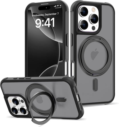 iPhone 16 Pro Case BLACK with 360° Rotatable Magnetic Ring Stand [Compatible Mag-Safe] [Military Grade Protection] Translucent Matte Phone Cases