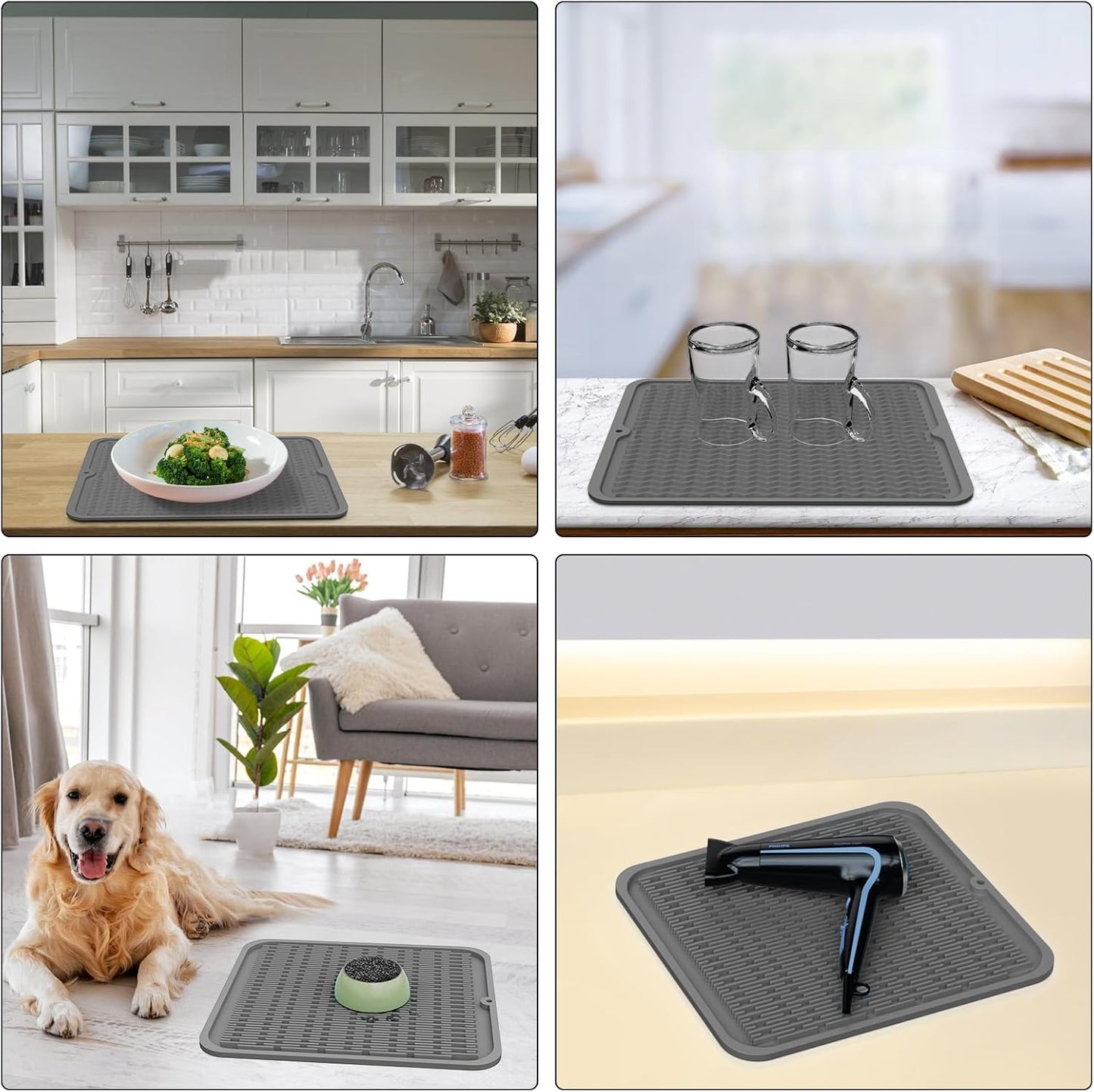Silicone Dish Drying Mat GREY- 16" x 18" - for Kitchen Counter, Eco-Friendly Fast Dry Dish Mat, Easy Clean Multi Usage Drying Matt, Heat Resistant Trivet