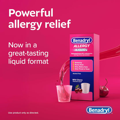 Benadryl Allergy Medicine, Liquid Diphenhydramine HCl Antihistamines for Adults, Alcohol-Free, Hay Fever Allergy Relief for Sneezing, Runny Nose, Itchy & Watery Eyes, Wild Cherry 4 fl oz