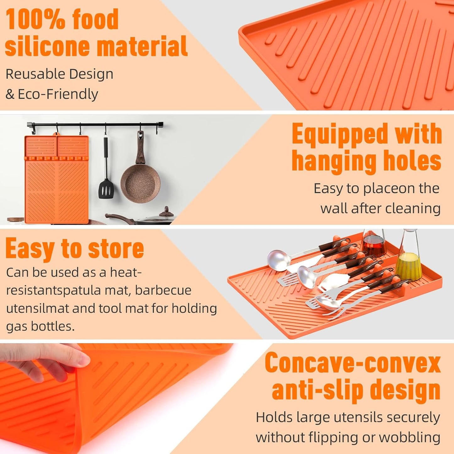 Silicone Grill Mat 16"x11.5", BBQ Griddle Tools Mat with Drip Pad, Spatula Mat for Outdoor Kitchen Counter, Gifts for Men (Orange)