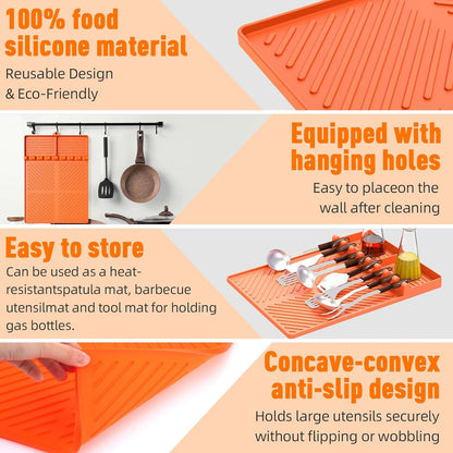 Silicone Grill Mat 16"x11.5", BBQ Griddle Tools Mat with Drip Pad, Spatula Mat for Outdoor Kitchen Counter, Gifts for Men (Orange)