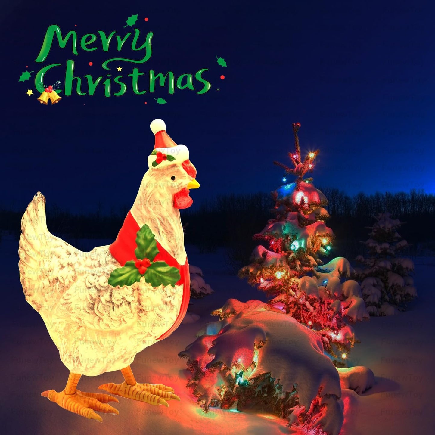 Christmas Chicken Decorations 3D Light Up Chicken with Scarf Patio 15.7'' Sturdy Outdoor Lawn Ornament Christmas
