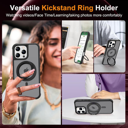 iPhone 16 Pro Case BLACK with 360° Rotatable Magnetic Ring Stand [Compatible Mag-Safe] [Military Grade Protection] Translucent Matte Phone Cases
