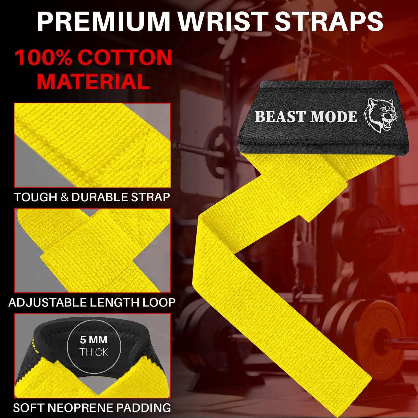 Lifting Straps YELLOW/BLACK for Weightlifting Gym Strength Training - Wrist Straps with Neoprene Padded Cotton - Men & Women – Ideal for Powerlifting, Bodybuilding & Deadlifts