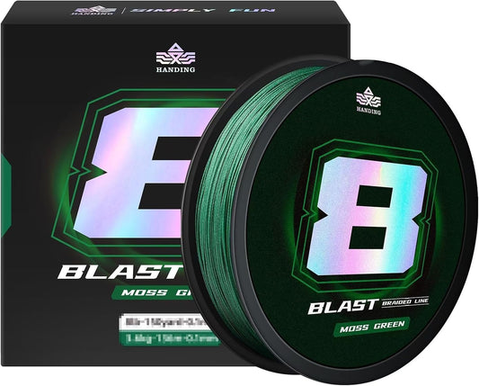 8lbs-500yds Blast Braided Fishing Line, Ultra-Thin Diameter, HyperOSi Coating - Water and Abrasion Resistant, No Stretch, Low-Vis Moss Green Color