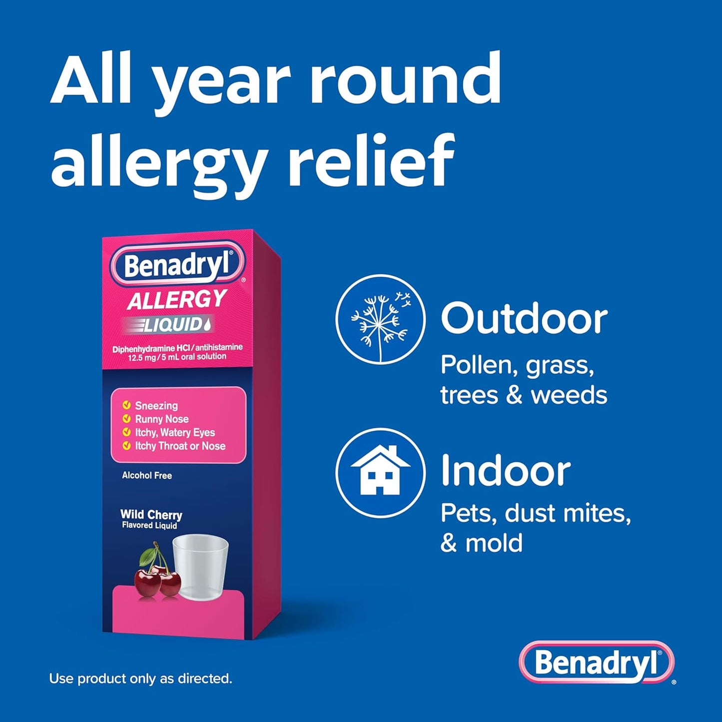 Benadryl Allergy Medicine, Liquid Diphenhydramine HCl Antihistamines for Adults, Alcohol-Free, Hay Fever Allergy Relief for Sneezing, Runny Nose, Itchy & Watery Eyes, Wild Cherry 4 fl oz