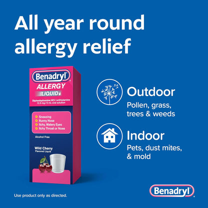 Benadryl Allergy Medicine, Liquid Diphenhydramine HCl Antihistamines for Adults, Alcohol-Free, Hay Fever Allergy Relief for Sneezing, Runny Nose, Itchy & Watery Eyes, Wild Cherry 4 fl oz
